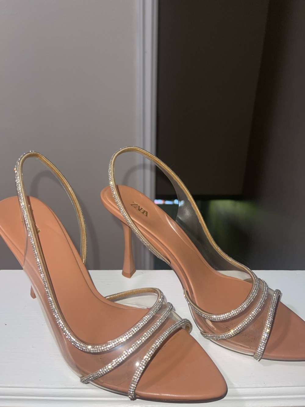 Zara Tan Nude Slingback Heels with Rhinestone Trim